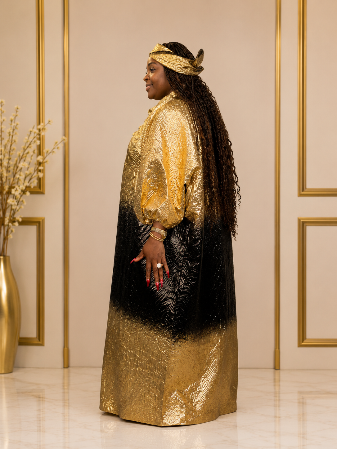 Women's Gold & Black Ombre Boubou Kaftan | One Size Fits All | Metallic Jacquard Balloon Sleeve | African Occasion Wear | Deright Fashion Store