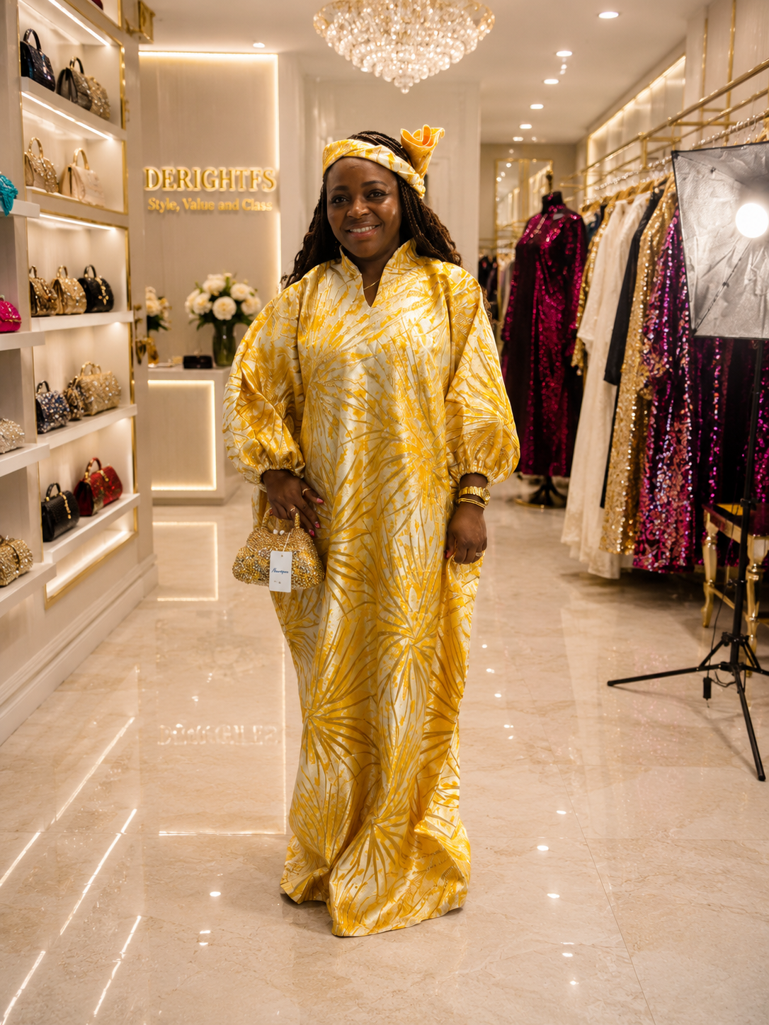 Women's Gold Botanical Print Boubou Kaftan | One Size Fits All | Luxury African Occasion Wear | Deright Fashion Store