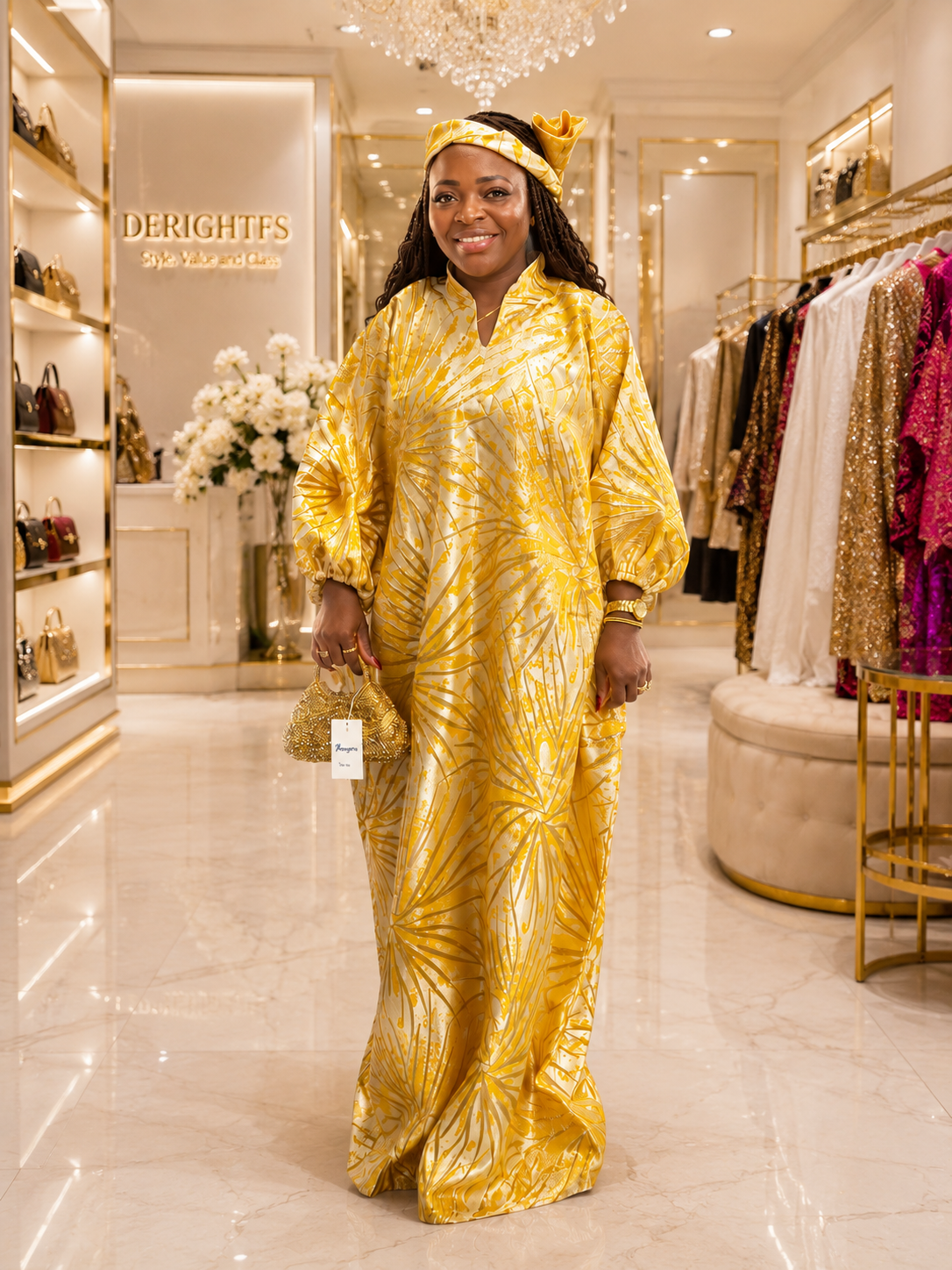 Women's Gold Botanical Print Boubou Kaftan | One Size Fits All | Luxury African Occasion Wear | Deright Fashion Store