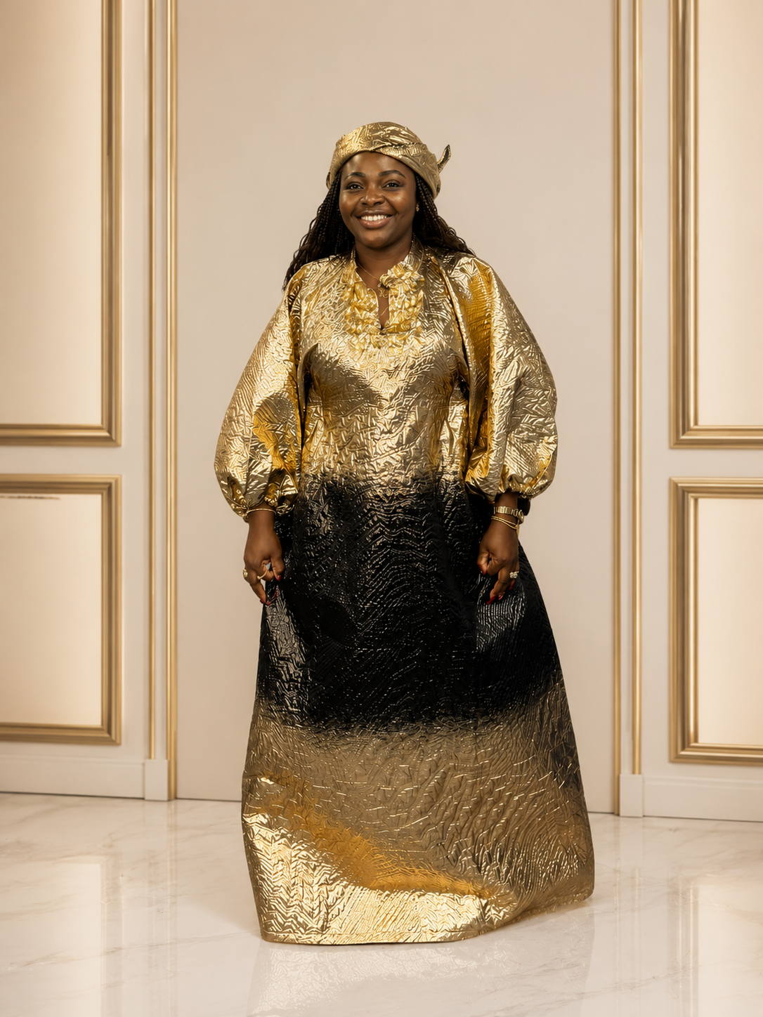 Women's Gold & Black Ombre Boubou Kaftan | One Size Fits All | Metallic Jacquard Balloon Sleeve | African Occasion Wear | Deright Fashion Store