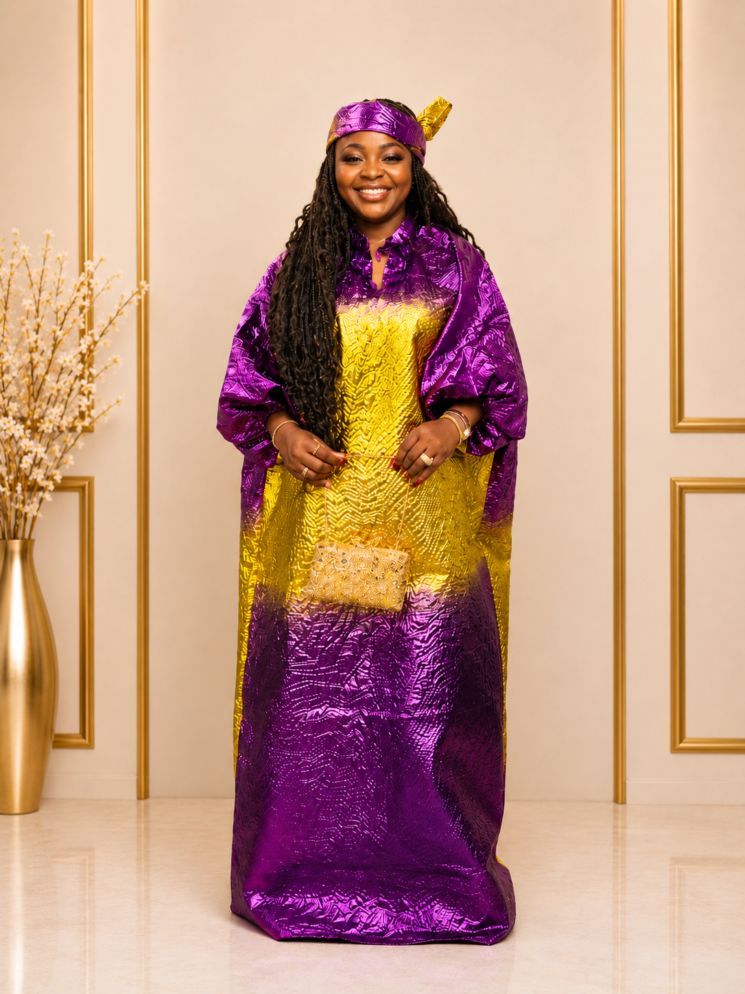 Women's Purple & Gold Ombre Boubou Kaftan | One Size Fits All | Metallic Jacquard Balloon Sleeve | African Occasion Wear | Deright Fashion Store