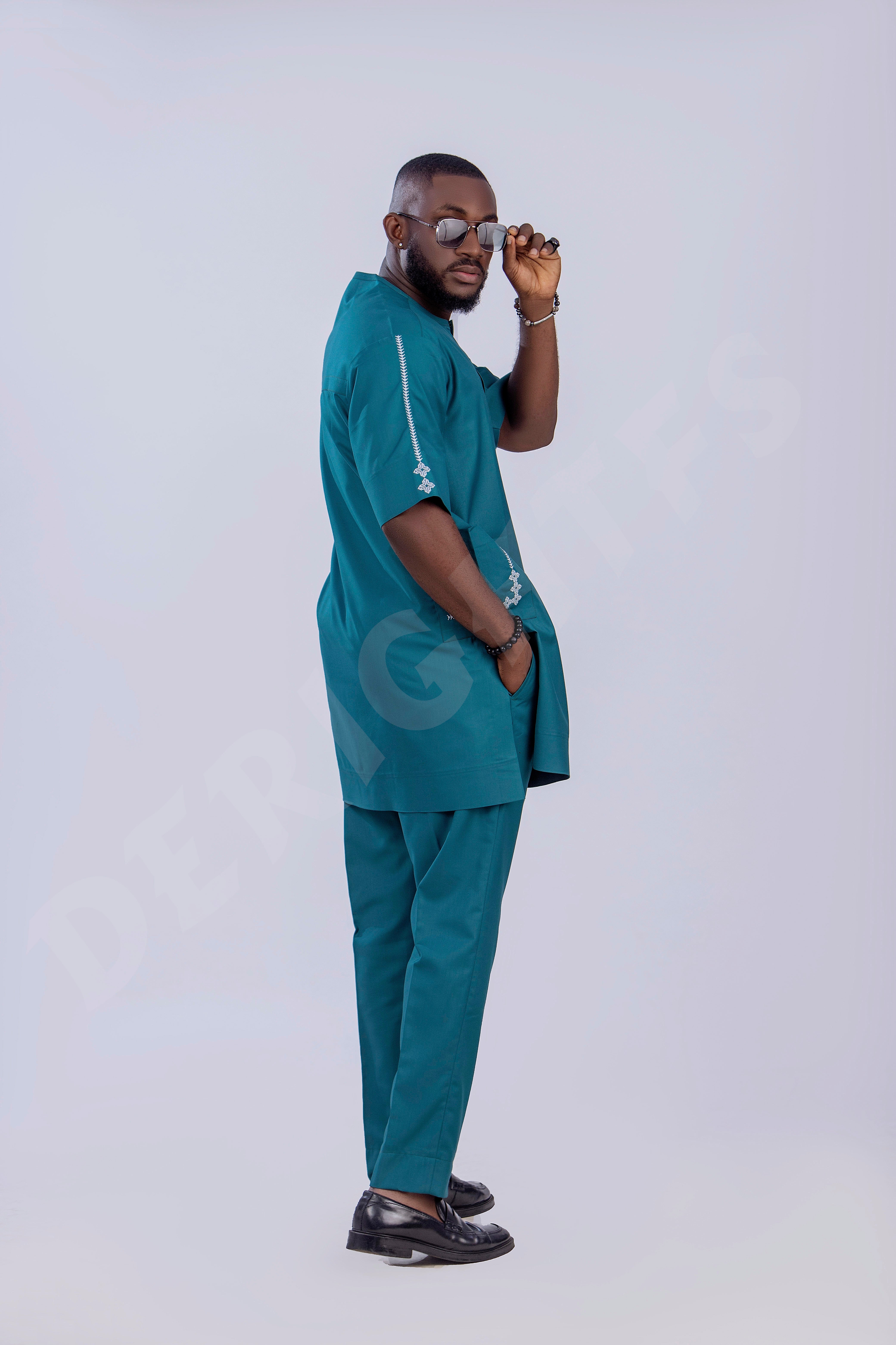 Elegant Men's Kaftan Set – Teal with Embroidery