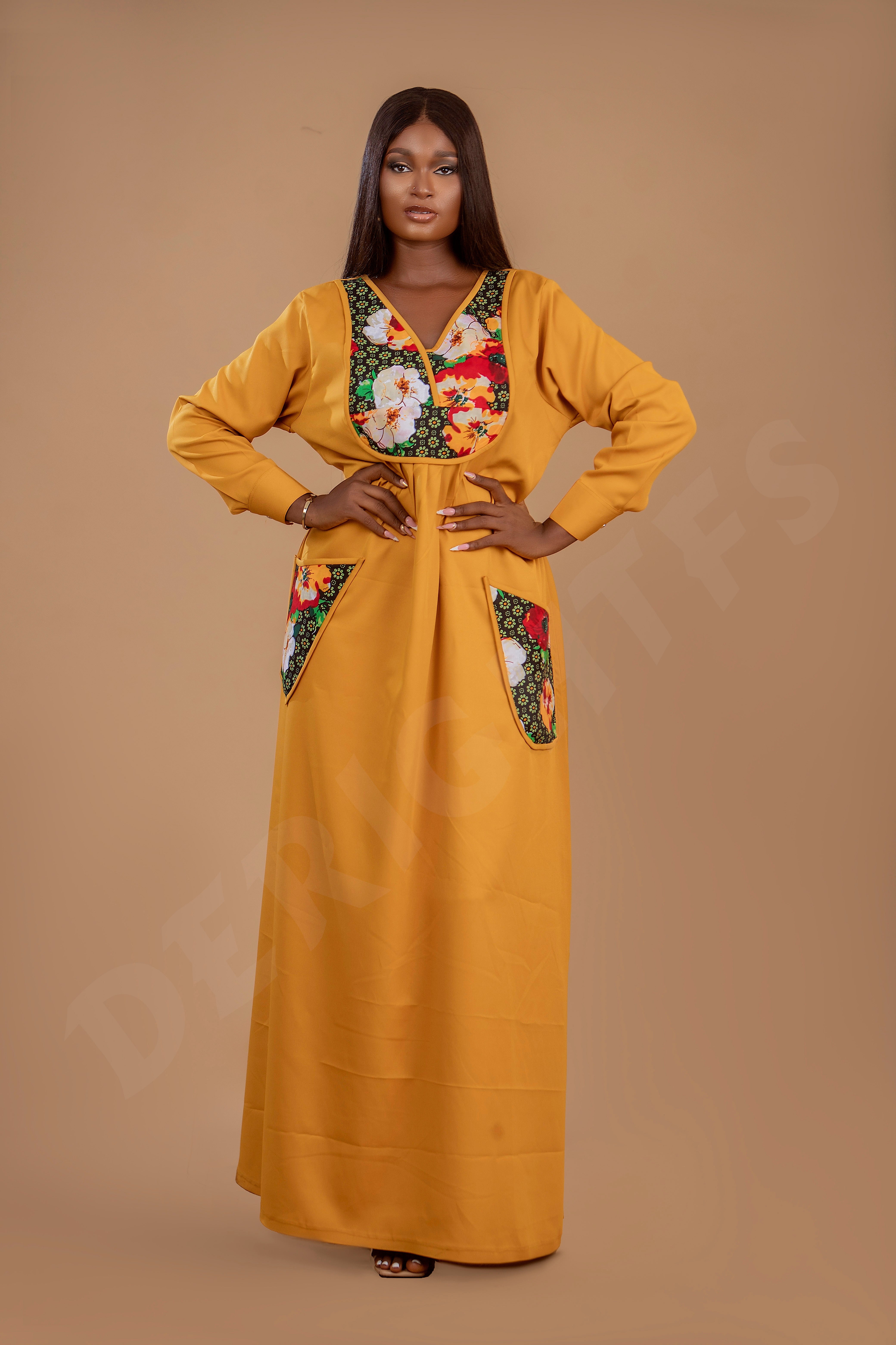 Elegant Mustard Floral Embroidered Gown with Trimmed Pocket