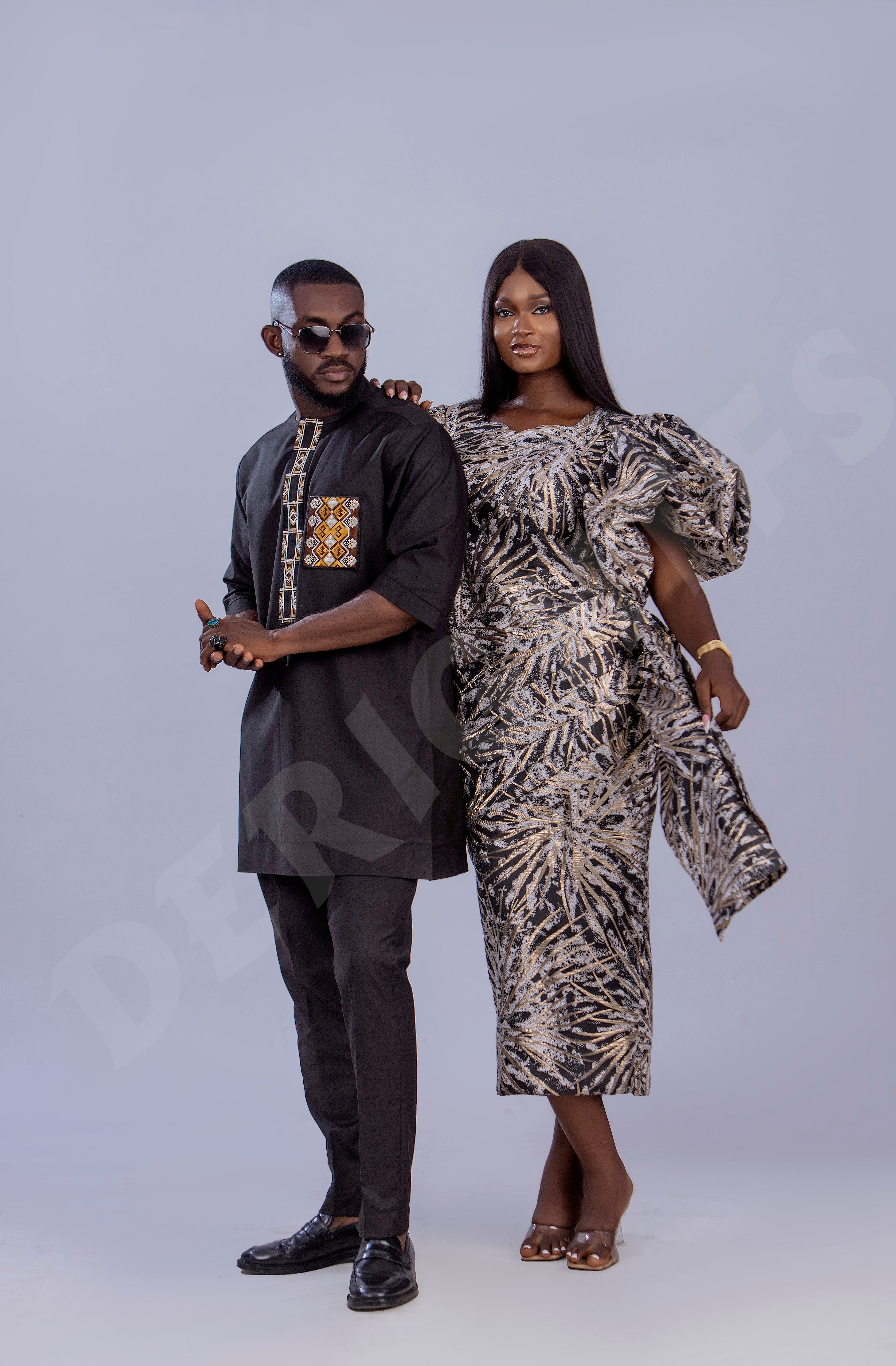 Women’s Luxury Sequin Midi Dress – Gold & Black Statement Puff Sleeve Party Dress