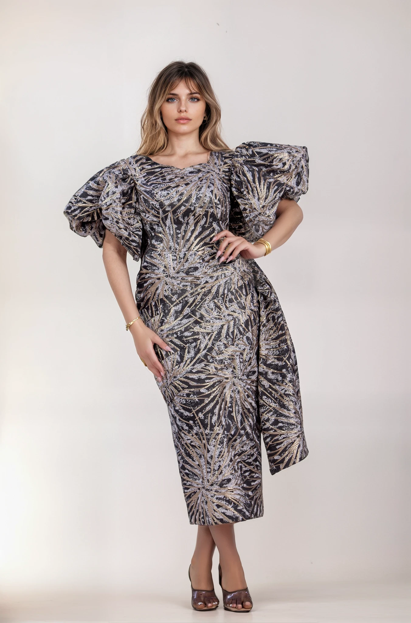 Women’s Luxury Sequin Midi Dress – Gold & Black Statement Puff Sleeve Party Dress