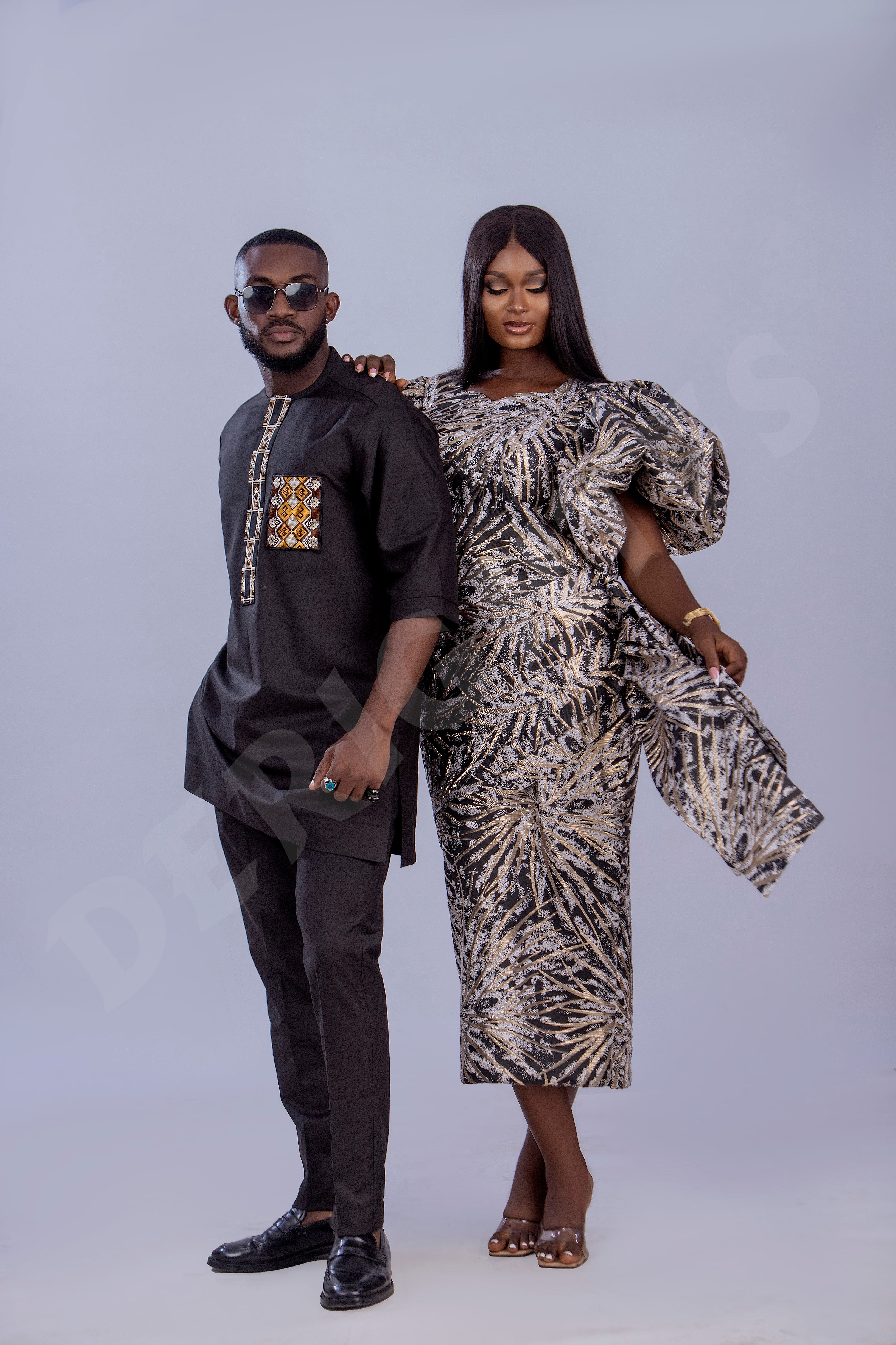 Women’s Luxury Sequin Midi Dress – Gold & Black Statement Puff Sleeve Party Dress