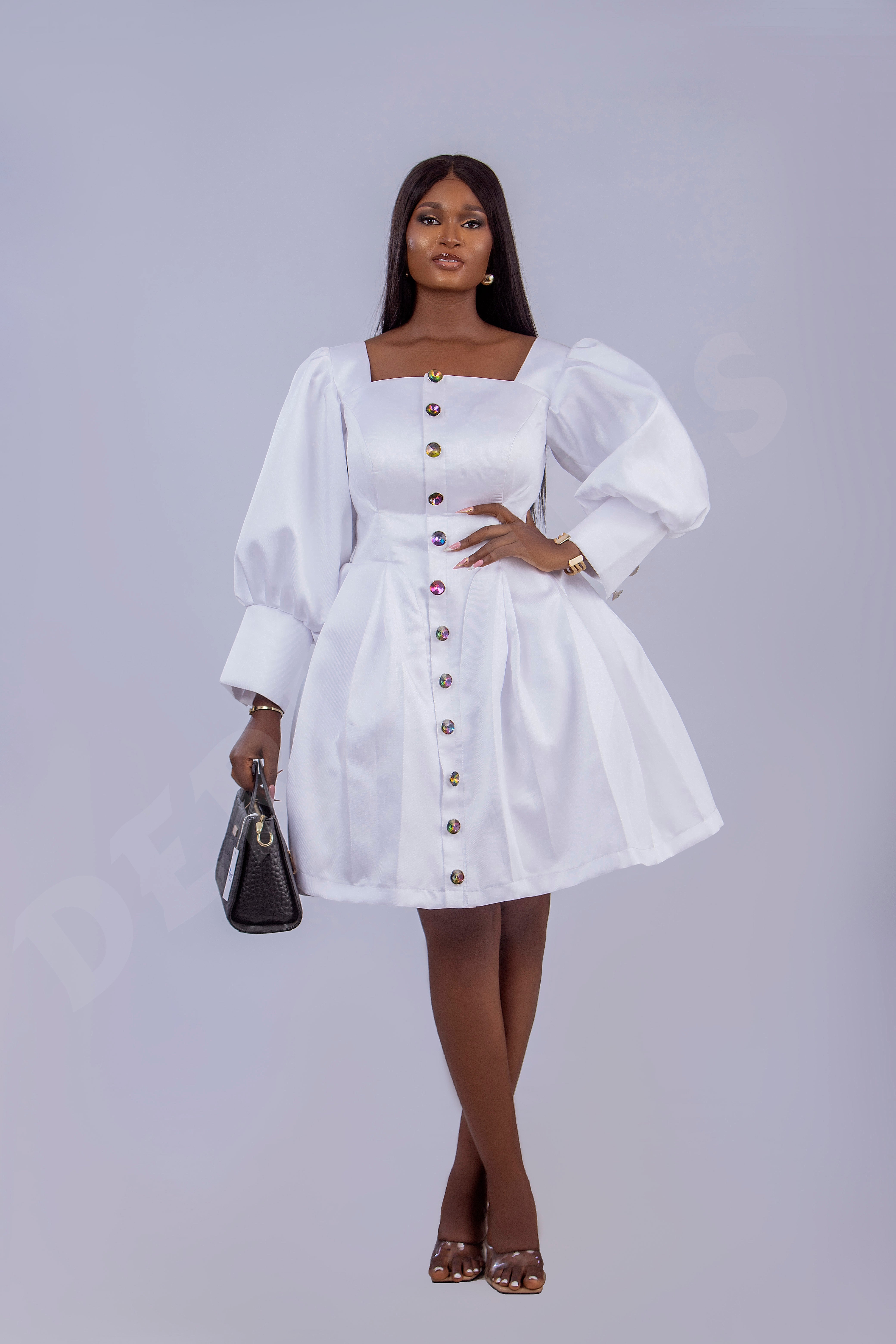 ELEGANT WHITE PUFF-SLEEVE DRESS