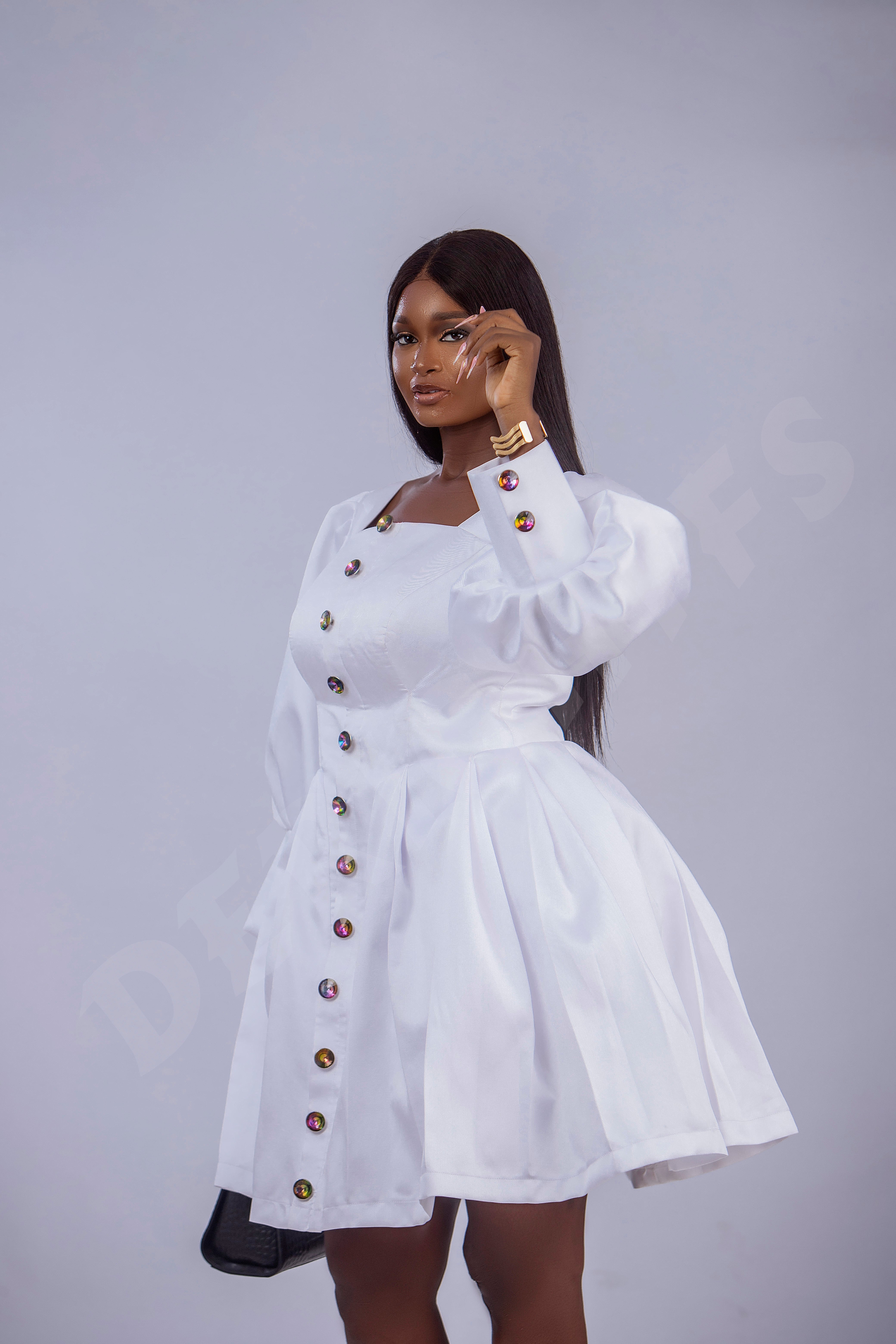 Elegant White Puff Sleeve Midi Dress – Luxury Structured Party & Occasion Dress for Women