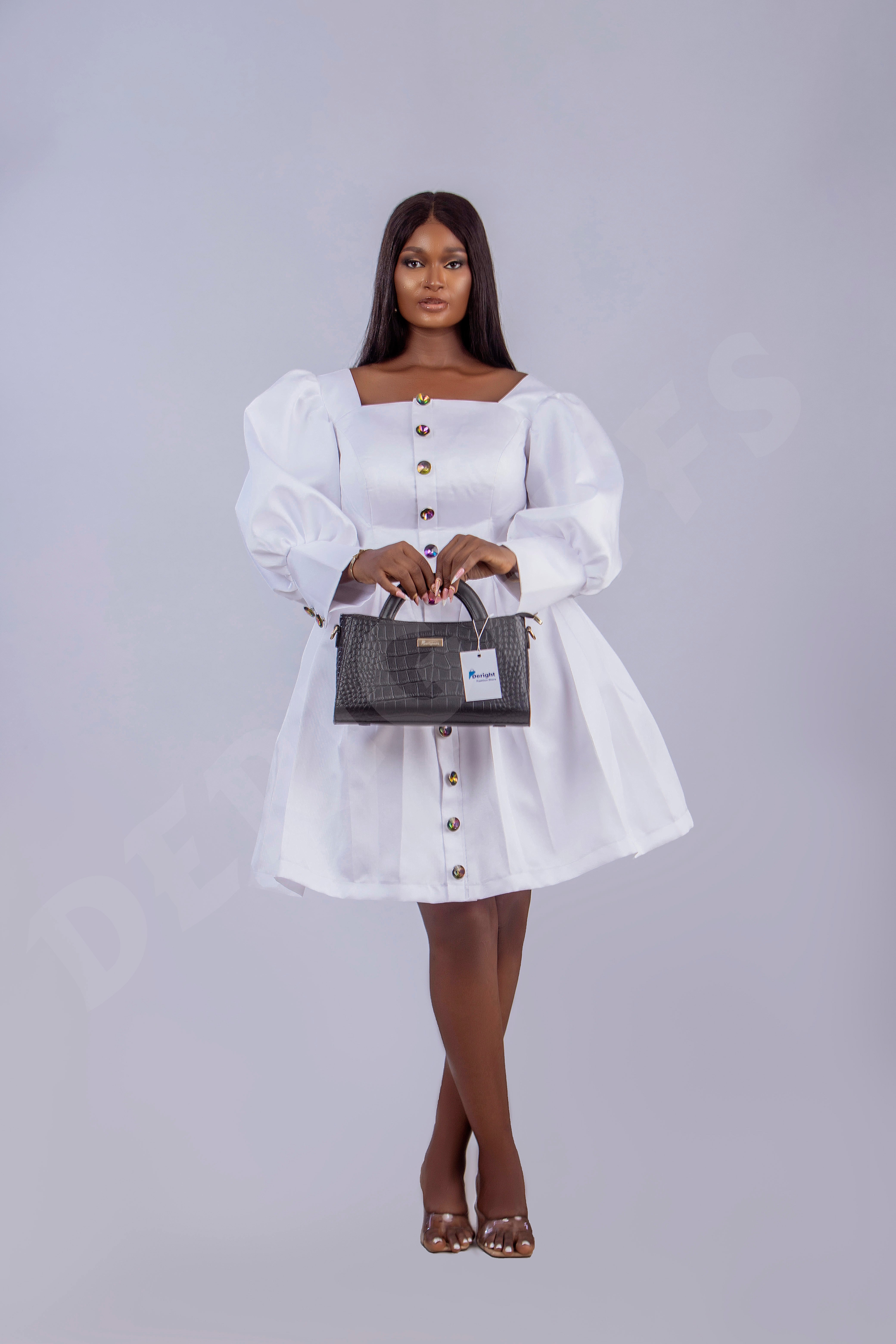 Elegant White Puff Sleeve Midi Dress – Luxury Structured Party & Occasion Dress for Women