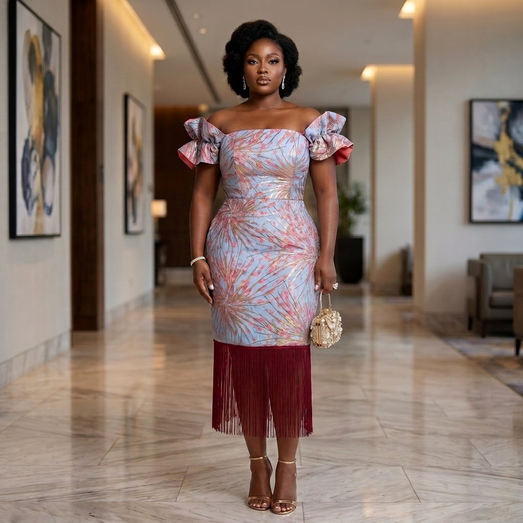 Women's Damask Brocade Off-Shoulder Fringe Dress – Luxury African Party & Occasion Wear | DerightFS