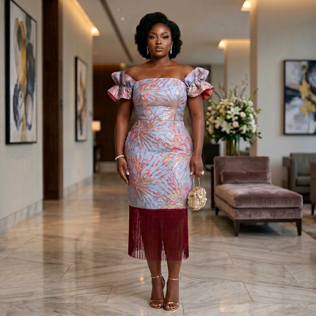 Women's Damask Brocade Off-Shoulder Fringe Dress – Luxury African Party & Occasion Wear | DerightFS