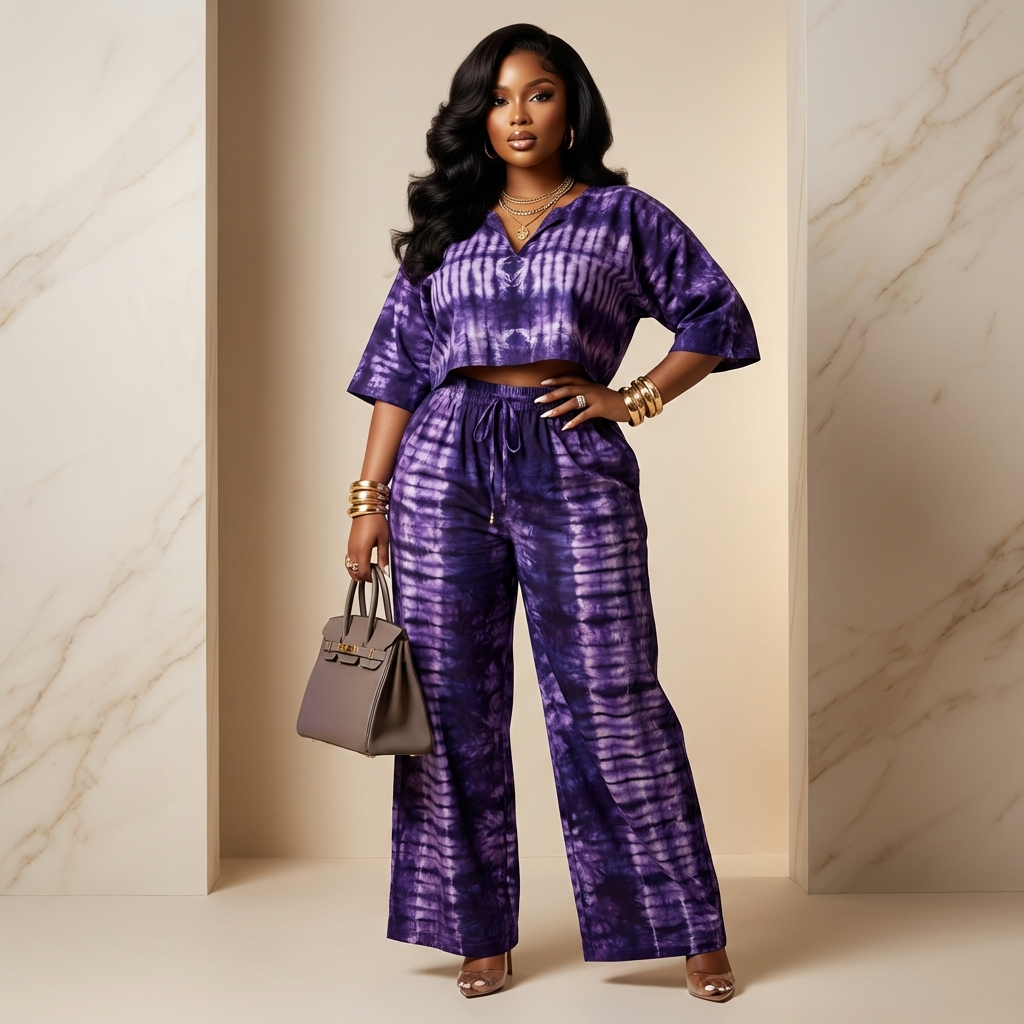 DerightFS Luxury Purple Tie-Dye Two-Piece Set for Women – Elegant Wide-Leg Trouser Co-Ord Outfit