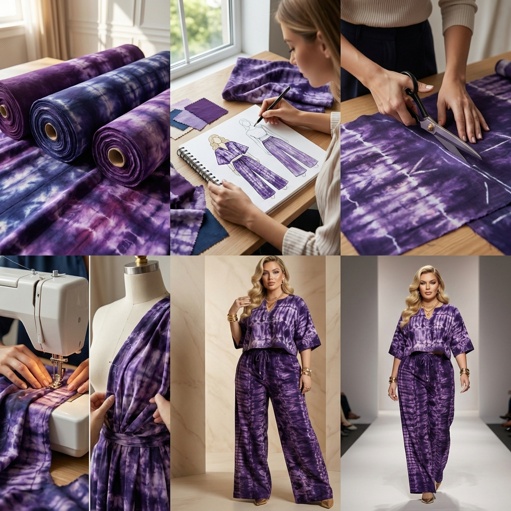 DerightFS Luxury Purple Tie-Dye Two-Piece Set for Women – Elegant Wide-Leg Trouser Co-Ord Outfit