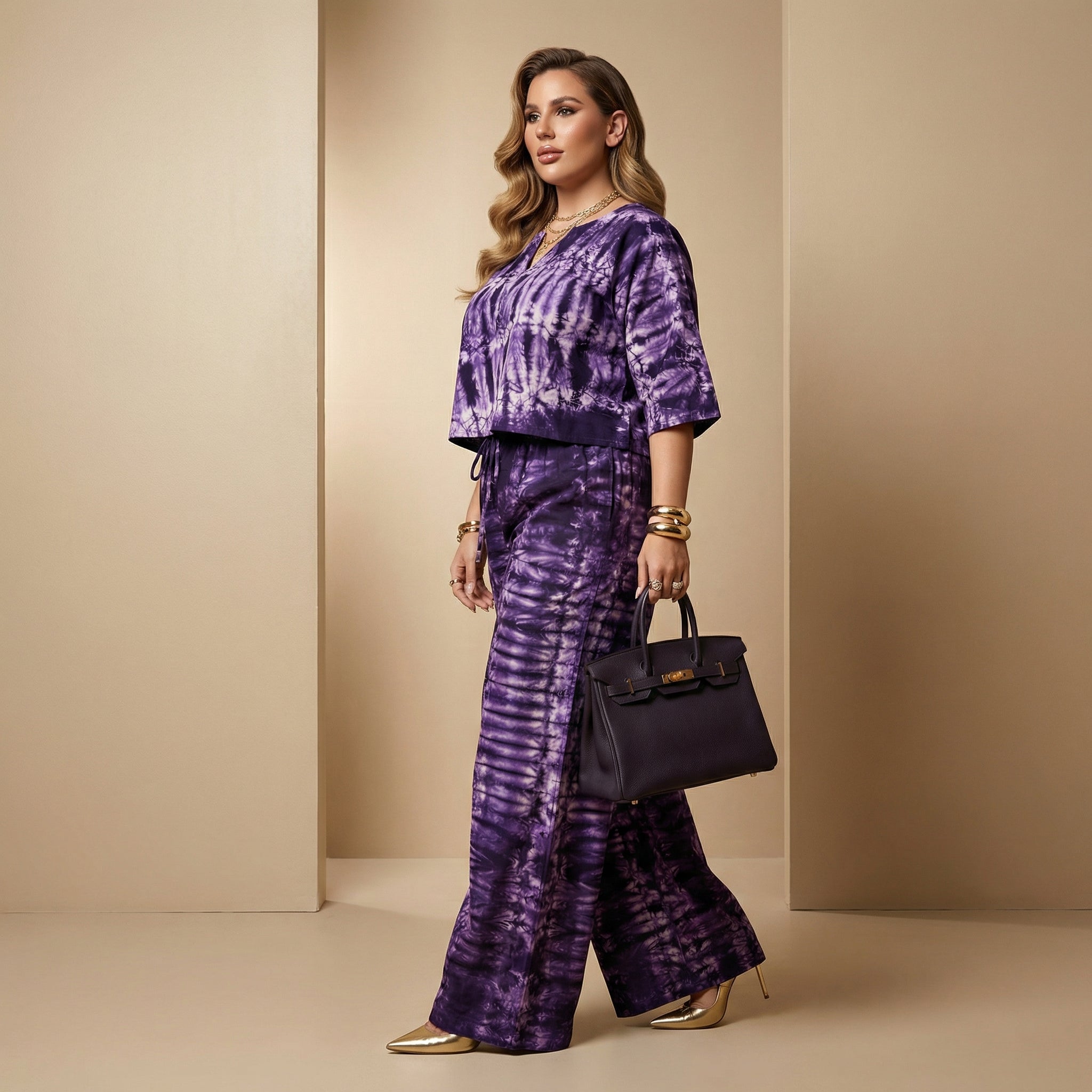 DerightFS Luxury Purple Tie-Dye Two-Piece Set for Women – Elegant Wide-Leg Trouser Co-Ord Outfit