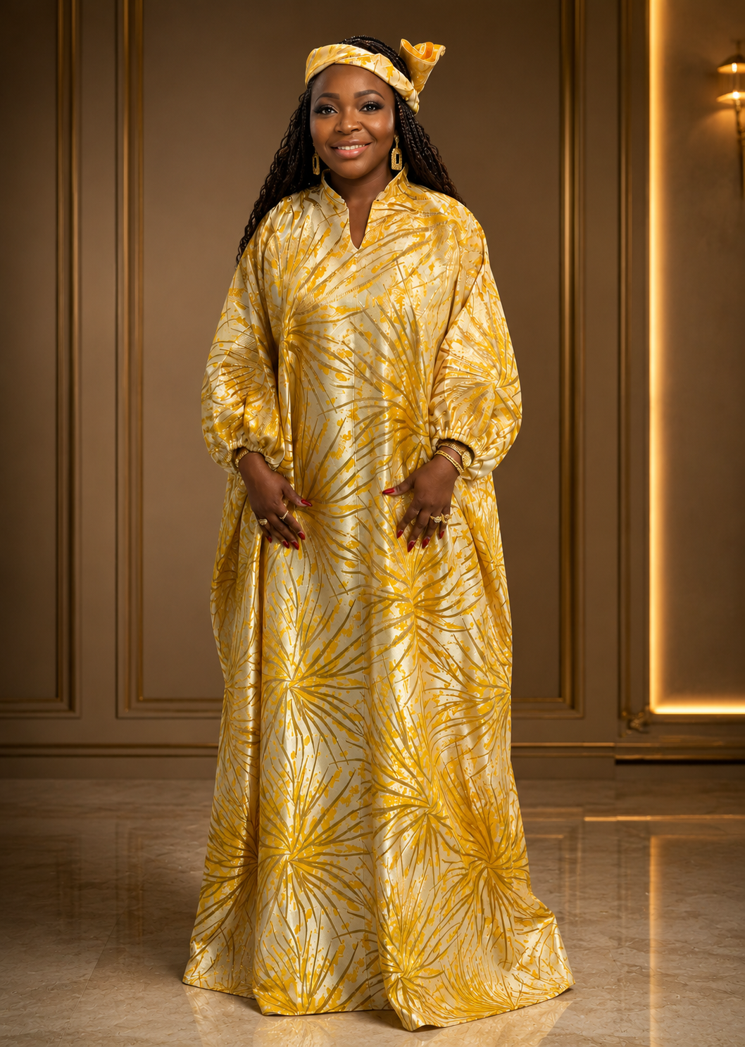 Women's Gold Botanical Print Boubou Kaftan | One Size Fits All | Luxury African Occasion Wear | Deright Fashion Store
