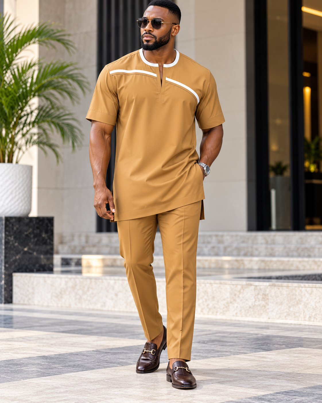 Men's Camel Gold Two-Piece Kaftan Set – Luxury African Native Wear with White Trim | DerightFS