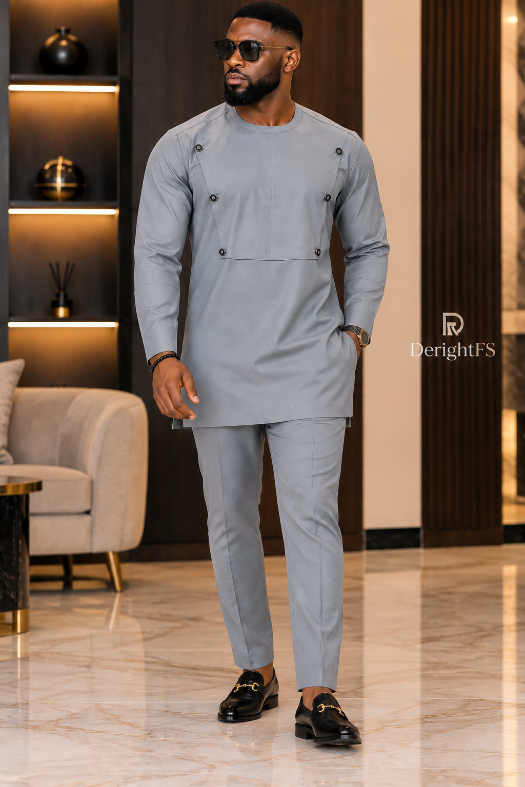 Men's Light Grey Two-Piece Kaftan Set – Luxury African Senator Wear with Button Detailing | DerightFS