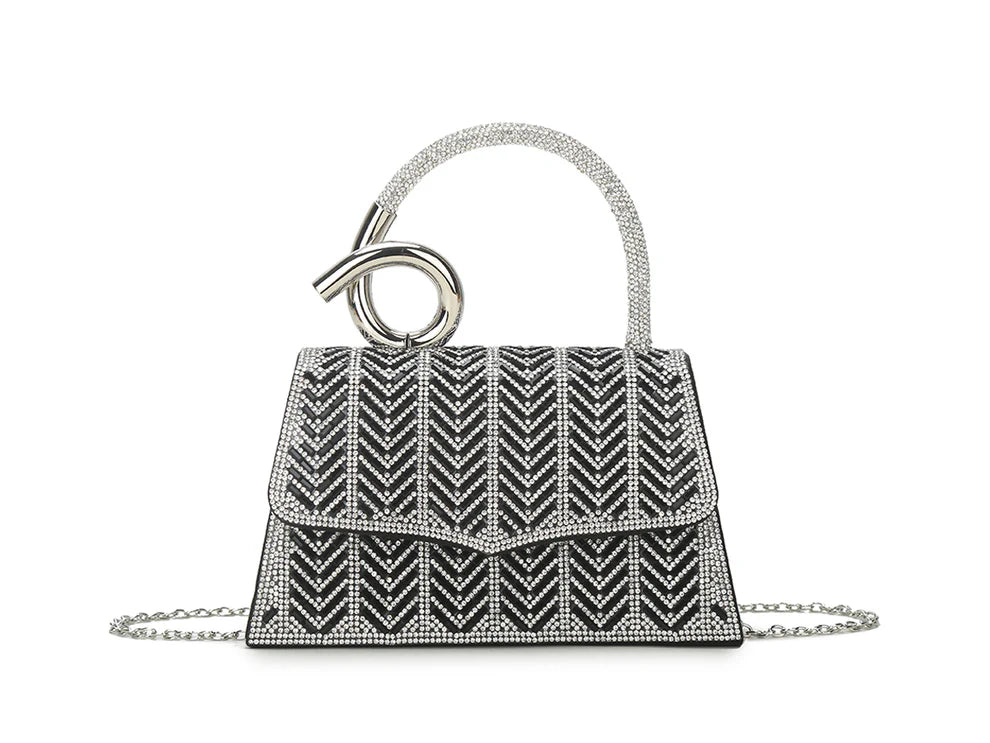DerightFS Luxury Silver Crystal Evening Clutch Bag for Women – Rhinestone Designer Handbag with Top Handle & Chain Strap, Elegant Party Purse for Wedding, Prom, Gala & Formal Events