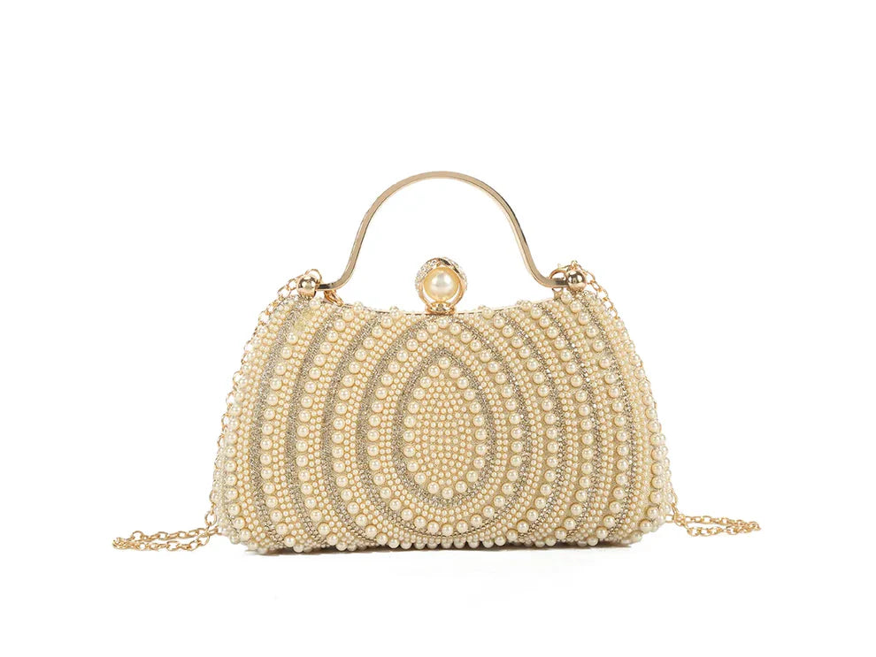 Luxury Pearl Beaded Evening Clutch Bag – Elegant Gold Handle Bridal Handbag with Chain Strap, Rhinestone Wedding Party Formal Purse for Women
