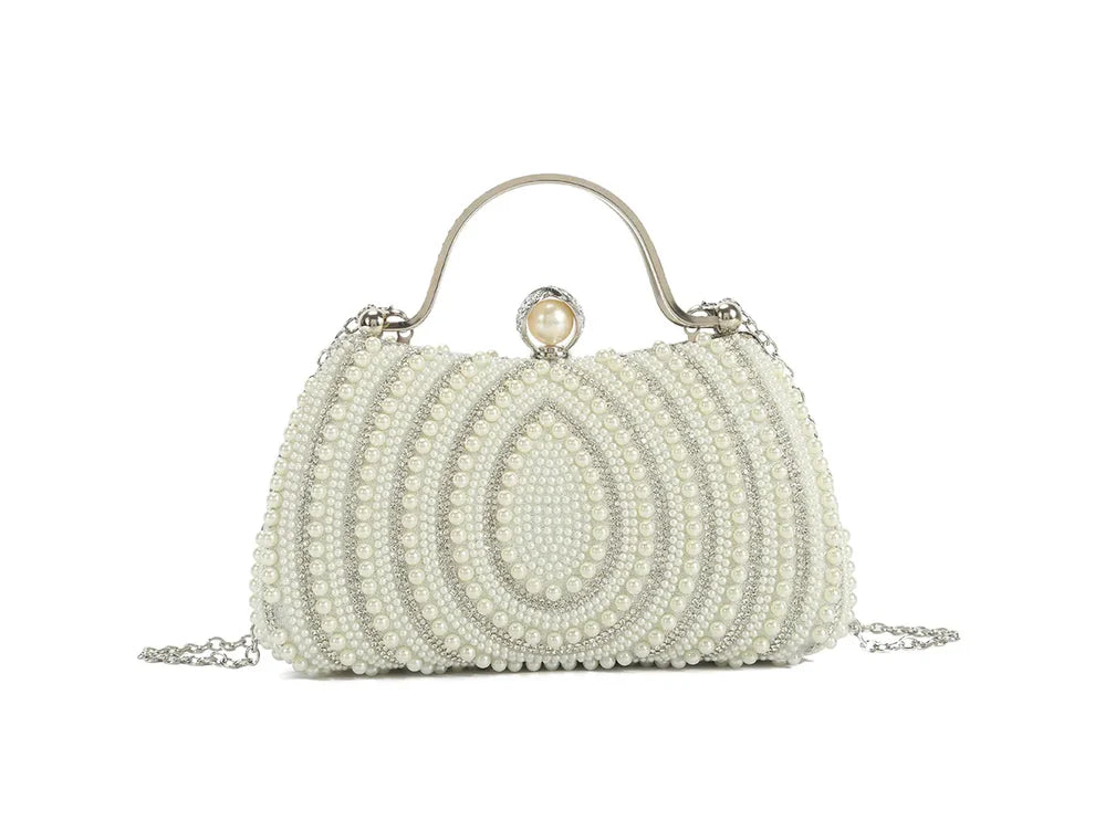 Luxury Pearl Beaded Evening Clutch Bag – Elegant Gold Handle Bridal Handbag with Chain Strap, Rhinestone Wedding Party Formal Purse for Women