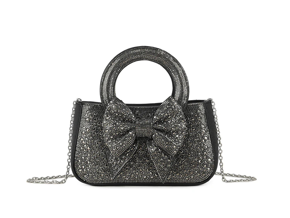 DerightFS Luxury Crystal Bow Evening Bag – Rhinestone Top Handle Clutch with Chain Strap (Gold, Silver, Black, Rose Gold)