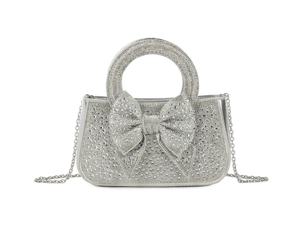DerightFS Luxury Crystal Bow Evening Bag – Rhinestone Top Handle Clutch with Chain Strap (Gold, Silver, Black, Rose Gold)