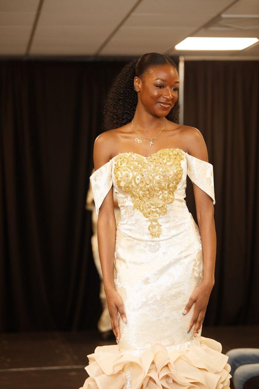 Elegant Off-Shoulder Brocade Gown