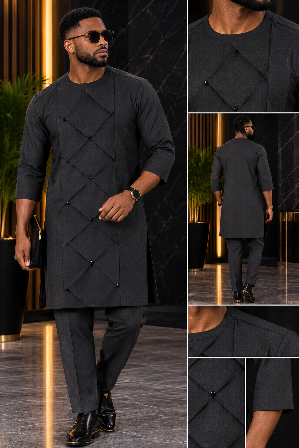 Men’s Black Geometric Tunic Set with Matching Trousers | Luxury African Menswear