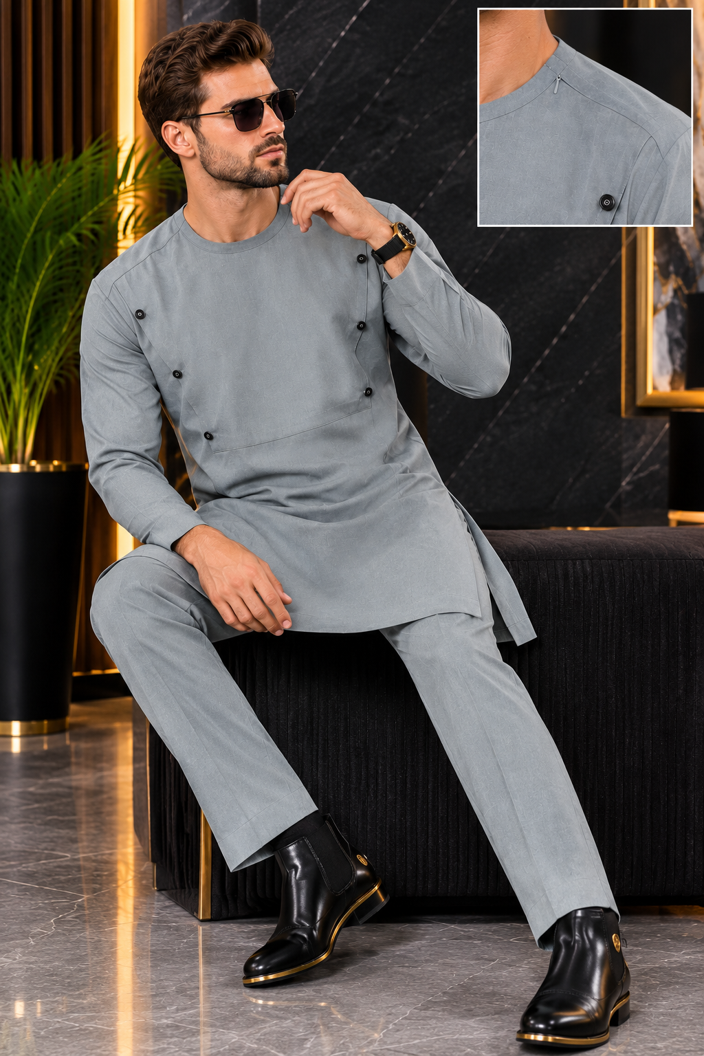 Men’s Luxury Grey Tunic Set with Matching Trousers and Button Details | DerightFS
