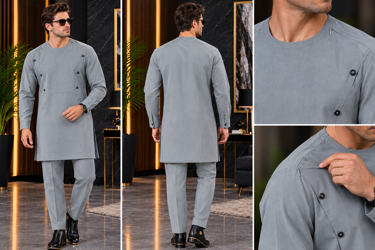 Men’s Luxury Grey Tunic Set with Matching Trousers and Button Details | DerightFS
