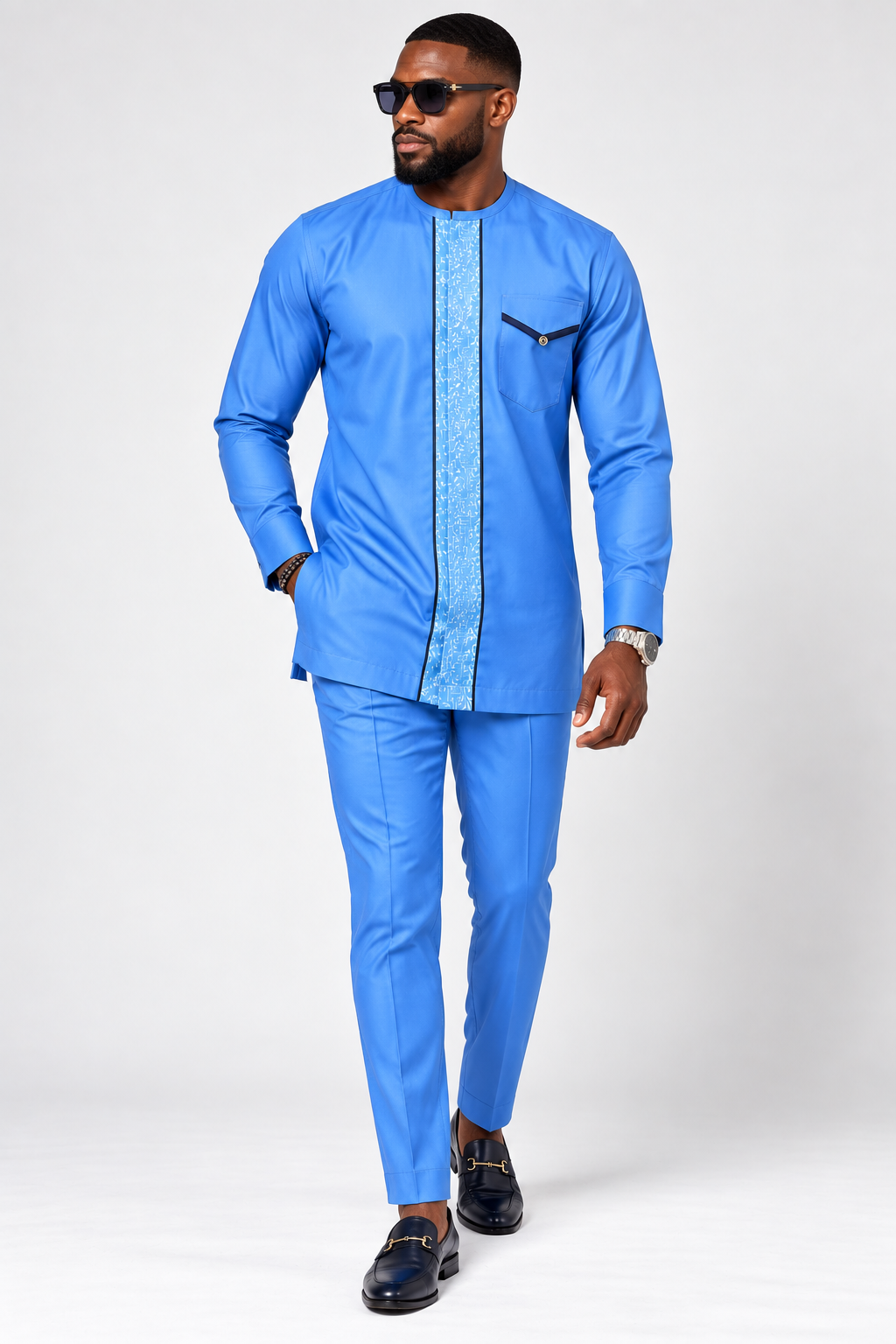Men's Azure Blue Senator Outfit with Printed Placket – 2-Piece Nigerian Wear