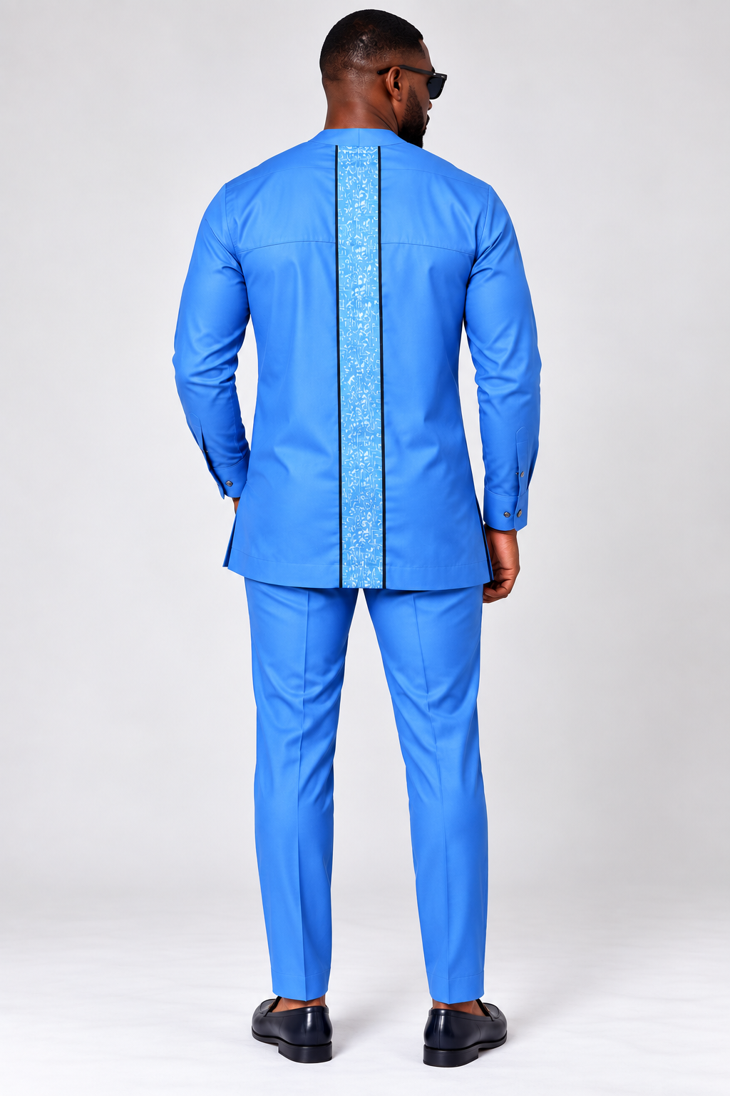 Men's Azure Blue Senator Outfit with Printed Placket – 2-Piece Nigerian Wear