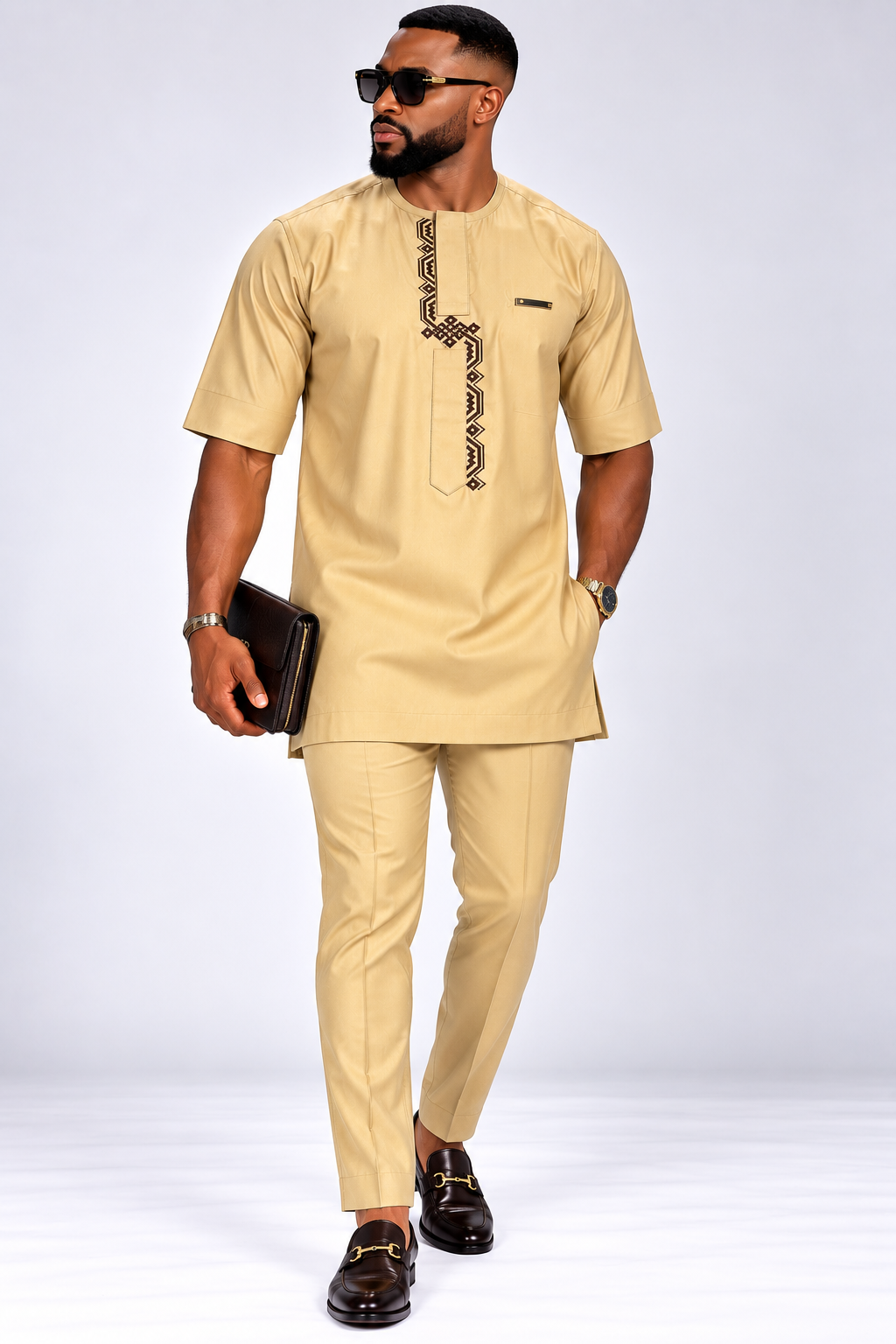 Men's Beige Short Sleeve Senator Suit with Brown Embroidery | African Native Wear UK