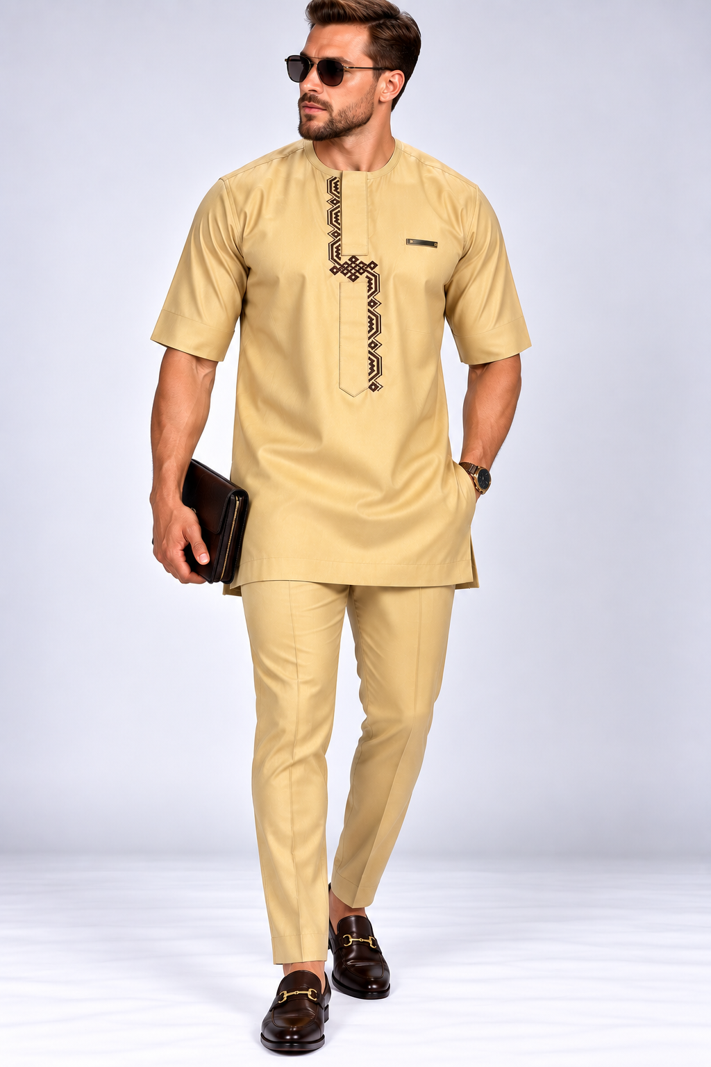 Men's Beige Short Sleeve Senator Suit with Brown Embroidery | African Native Wear UK
