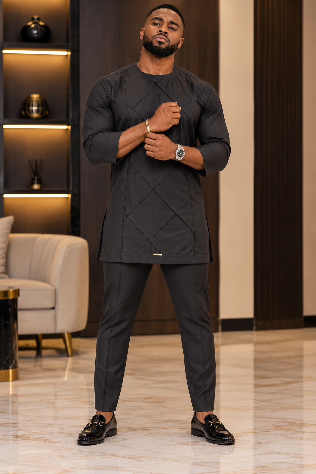 Men's Black Luxury Two-Piece Kaftan Set – Embellished African Senator Wear | DerightFS