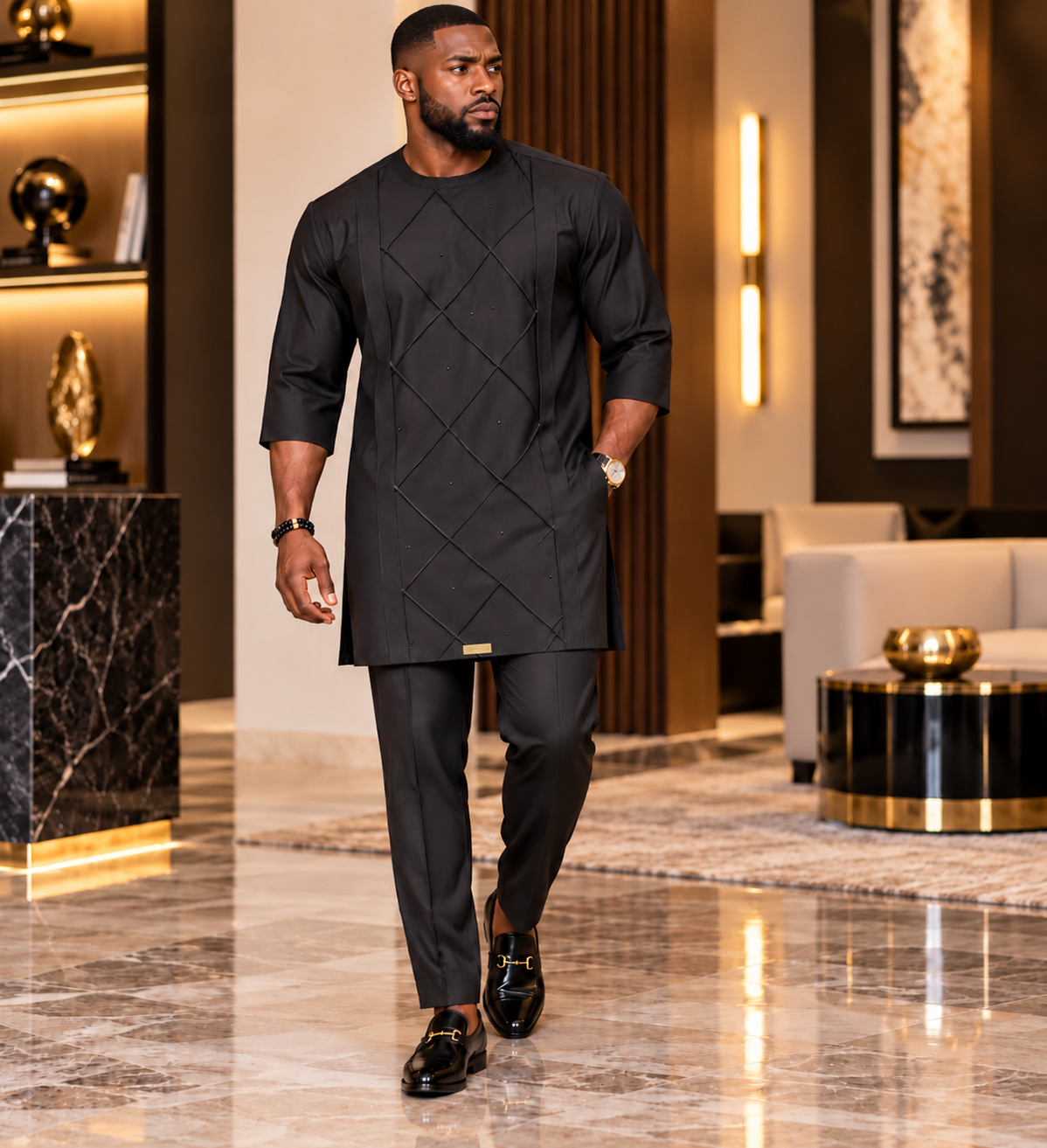 Men's Black Luxury Two-Piece Kaftan Set – Embellished African Senator Wear | DerightFS