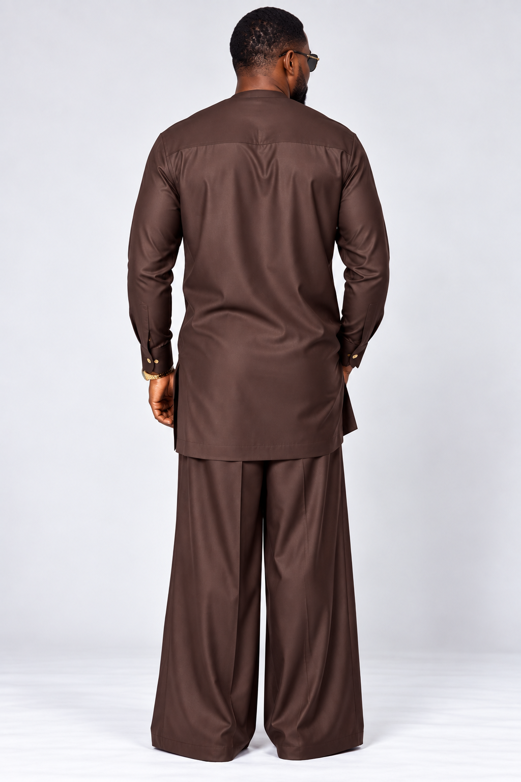 Men's Chocolate Brown Senator Outfit with Mustard Trim – Wide-Leg 2-Piece