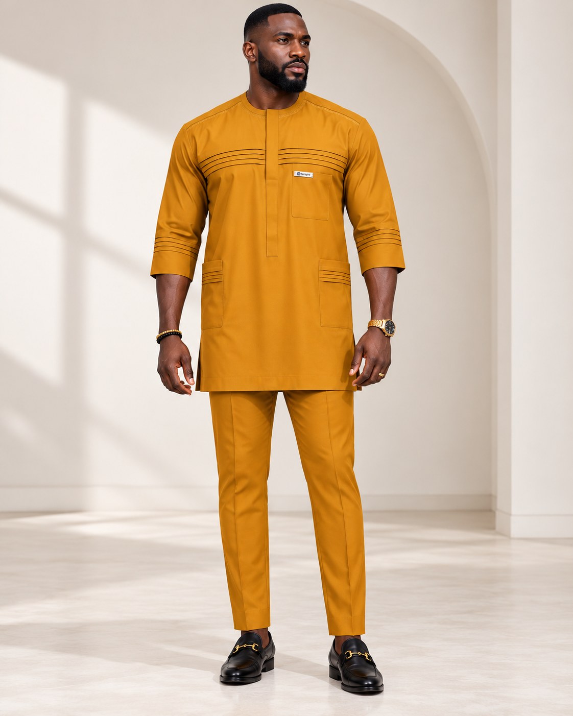 Men's Mustard Gold Two-Piece Kaftan Set – Luxury African Native Wear with Pocket Detailing | DerightFS