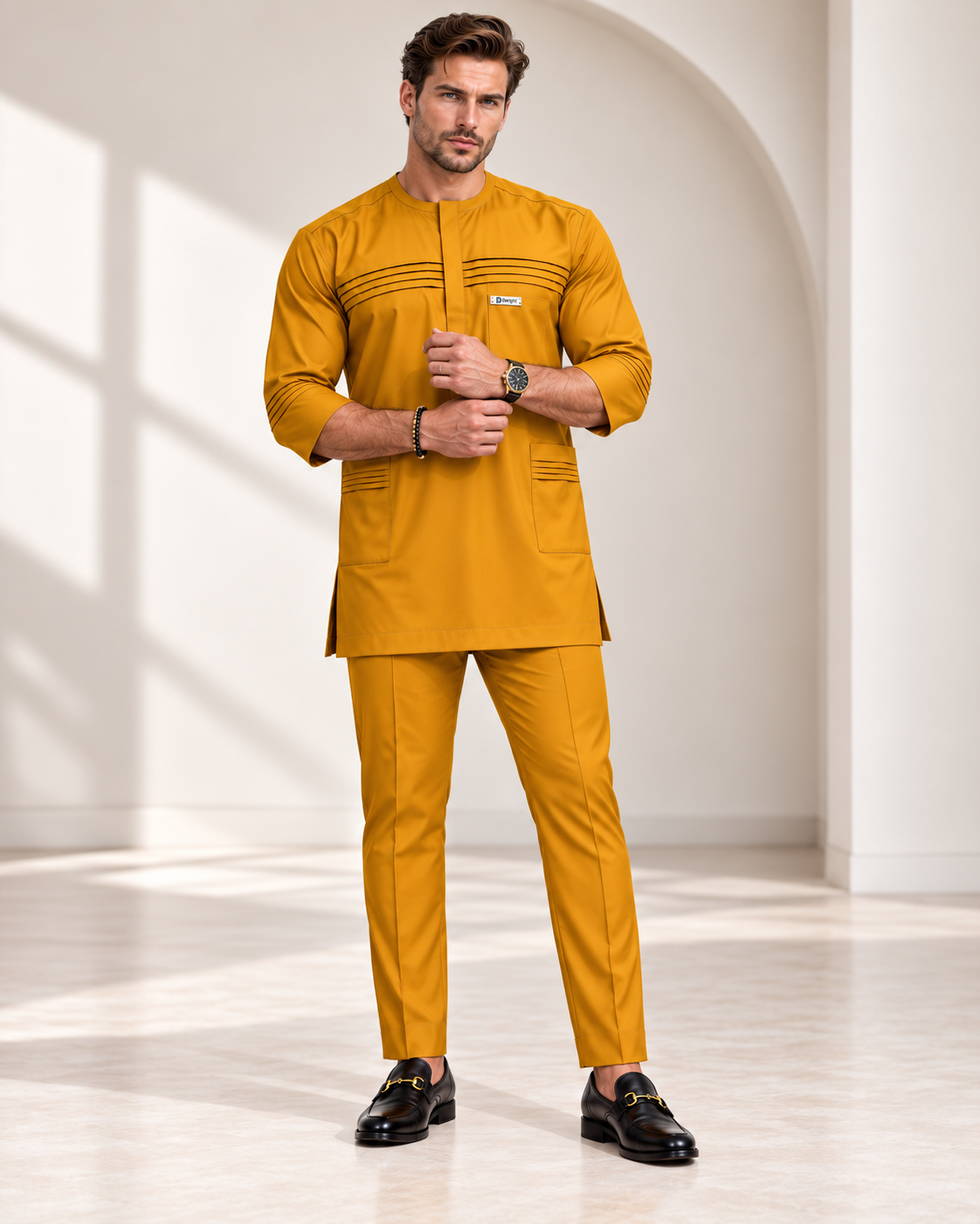 Men's Mustard Gold Two-Piece Kaftan Set – Luxury African Native Wear with Pocket Detailing | DerightFS