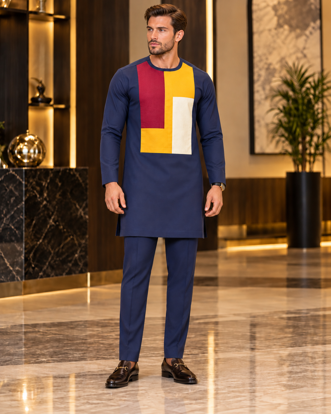 Men’s Navy Blue African Kaftan Two Piece Set with Burgundy, Mustard & Cream Detail