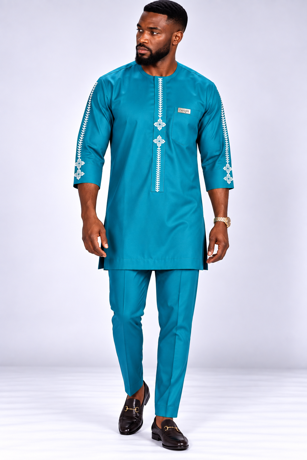Men's Peacock Blue Senator Suit with White Embroidery & 3/4 Sleeves | African Native Wear UK