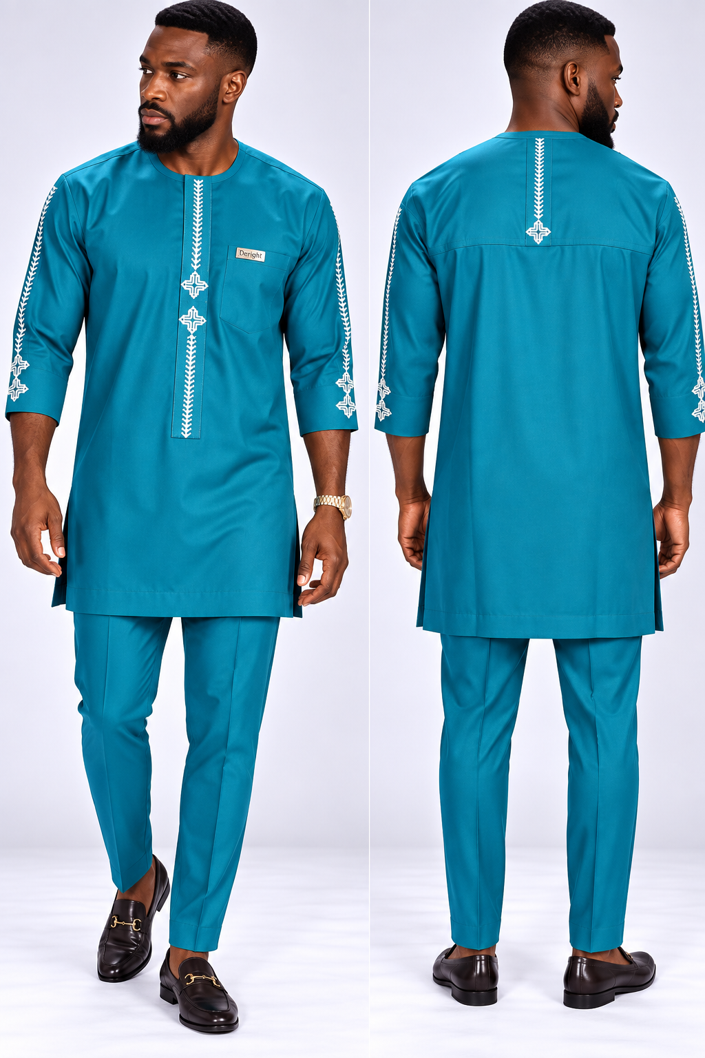 Men's Peacock Blue Senator Suit with White Embroidery & 3/4 Sleeves | African Native Wear UK