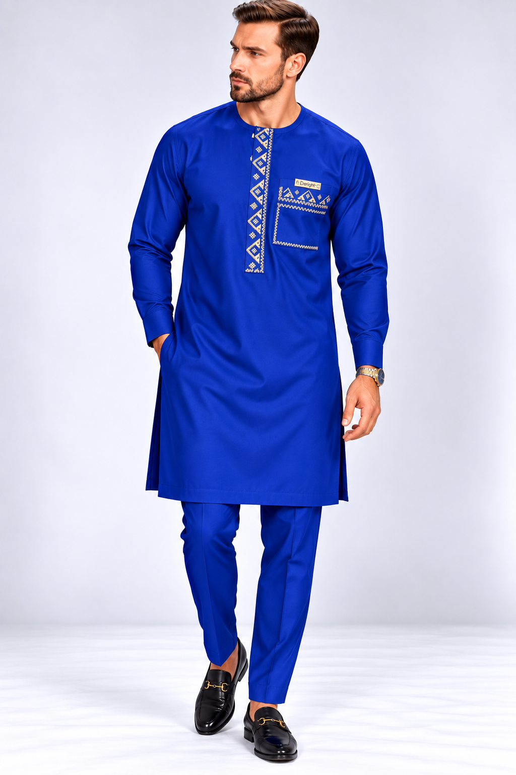 Men's Royal Blue Kaftan with Gold Embroidery | African Native Wear UK