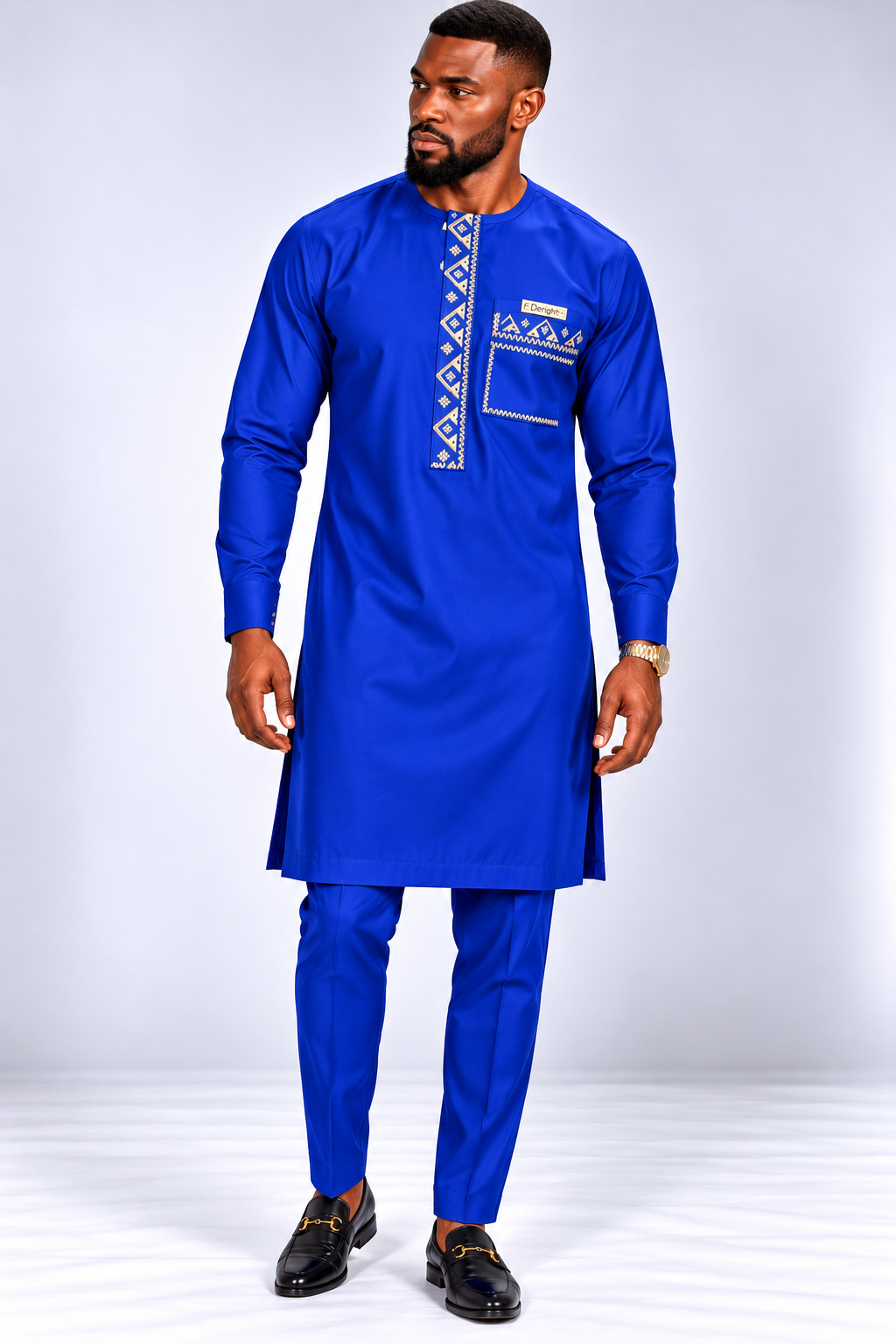 Men's Royal Blue Kaftan with Gold Embroidery | African Native Wear UK