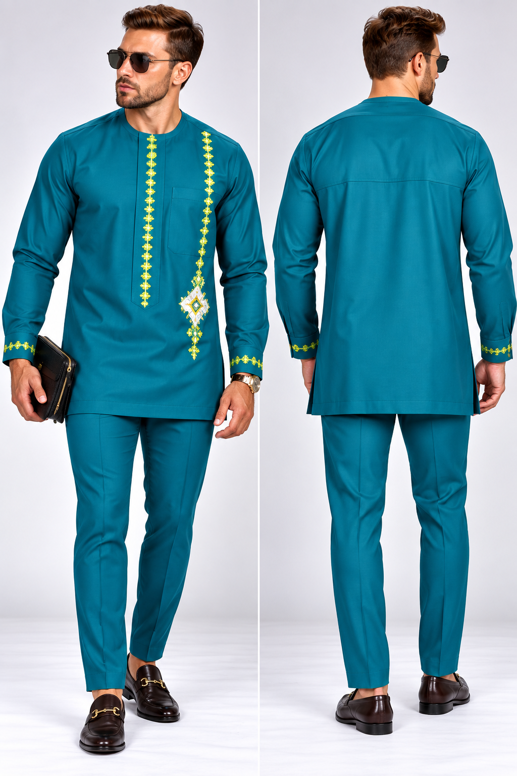 Men's Teal Senator Suit with Embroidered Detail | African Native Wear UK