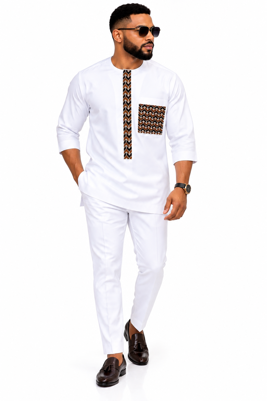Men's White Senator Outfit with Brown Ankara Trim – 2-Piece African Wear