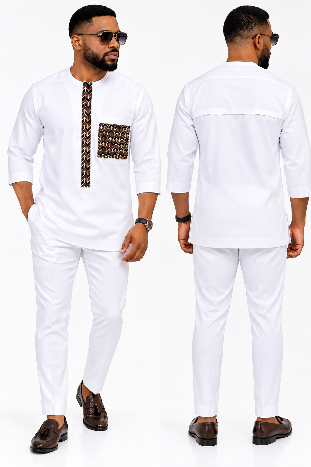 Men's White Senator Outfit with Brown Ankara Trim – 2-Piece African Wear