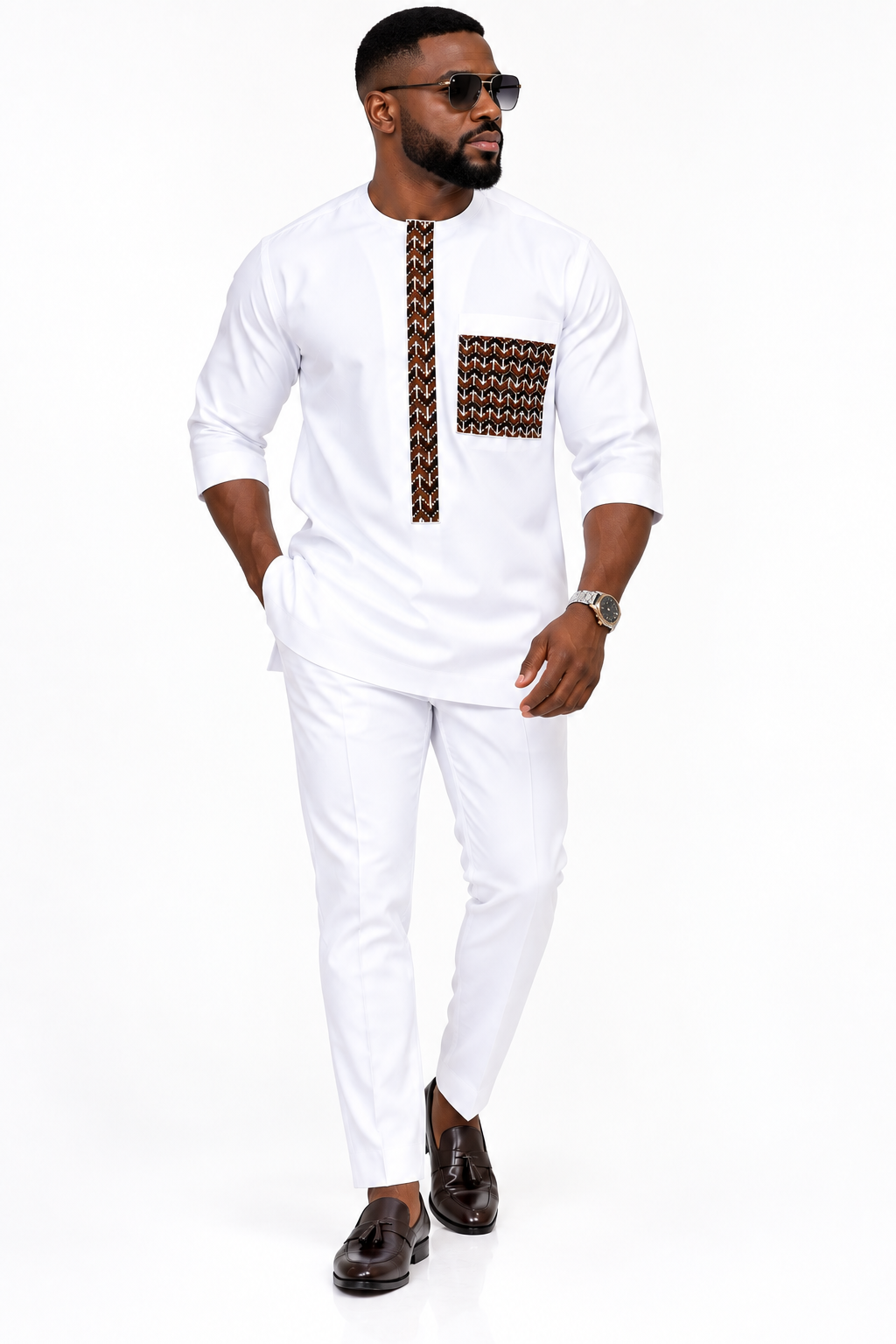 Men's White Senator Outfit with Brown Ankara Trim – 2-Piece African Wear