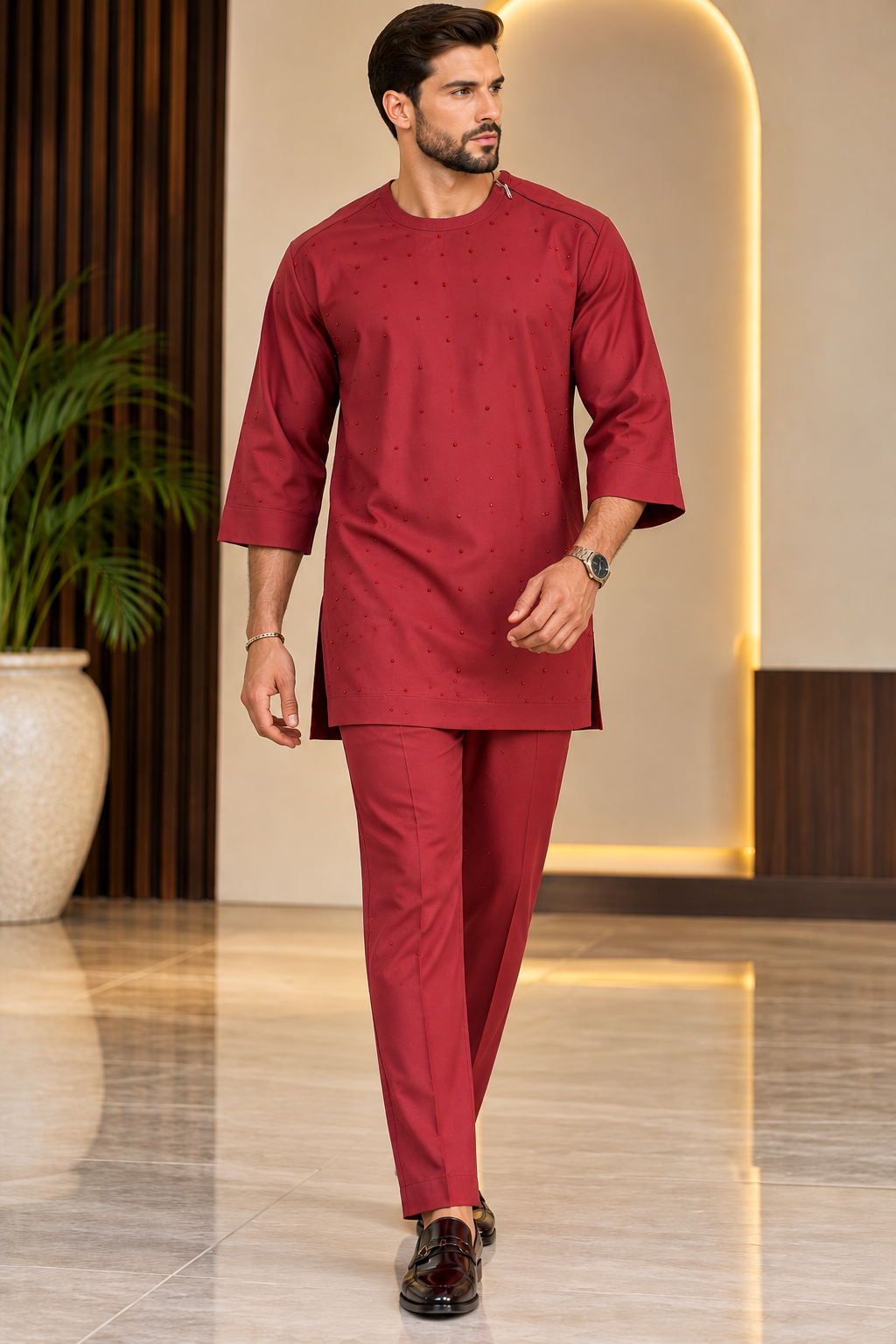 Men's Burgundy Jonkoso Crepe Two-Piece Kaftan Set – Fully Stone-Embellished Front | DerightFS