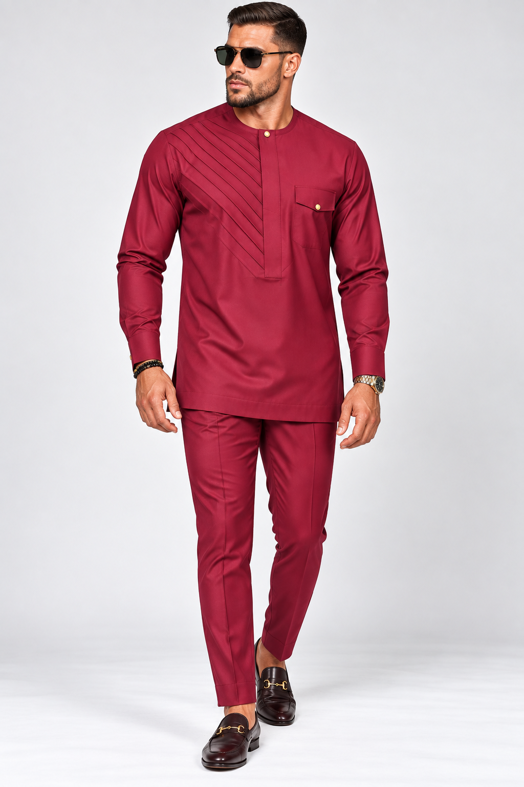 Men's Burgundy Senator Outfit with Pintuck Detail – 2-Piece Nigerian Wear